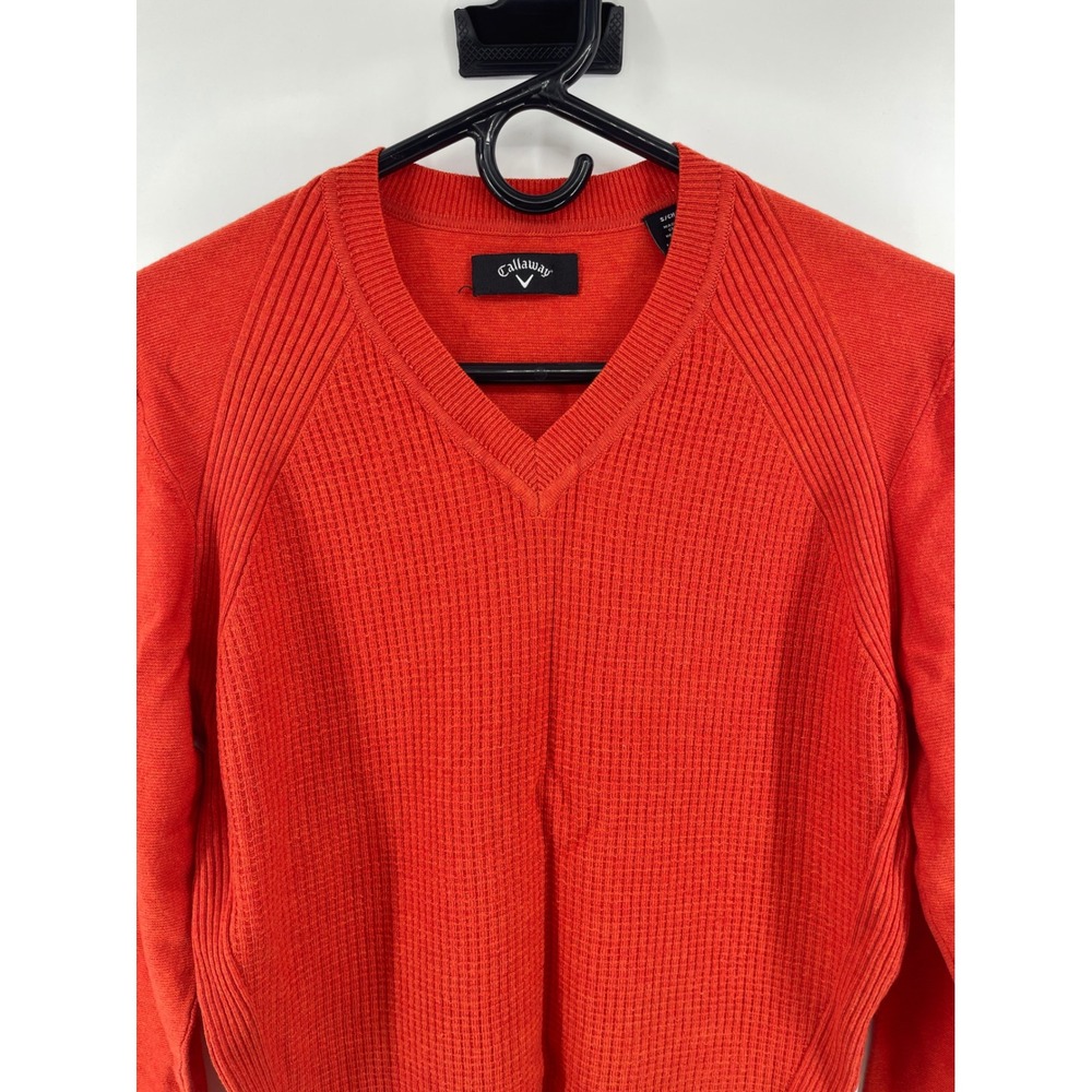 Callaway V-Neck Sweater Women Small Orange Logo Waffle Knit Golfcore Fall Leaves